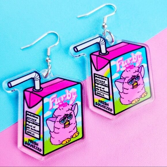 Furby Juice Box Cursed Toy Rainbow Toycore Trippy Novelty Drop Earrings NWT - Picture 1 of 2